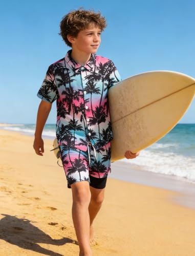 Image of UNICOMIDEA Boys Hawaiian Outfits Tropical Print Button Down Shirt + Swim Trunks 2 Piece Sets for 5-12T Kids