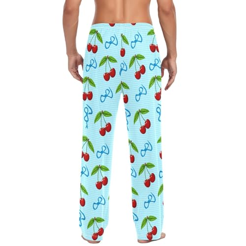 Cherry Blue Bows Men's Cotton Pajama Pants with Pockets and Drawstring Comfortable and Stylish,S3