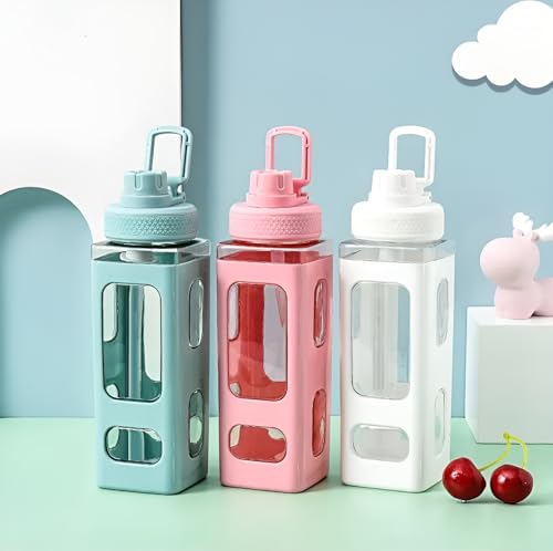 Image of Kawaii Water Bottle with Straw and Lid, 700ml /23.6OZ Cute Water Bottles BPA-free & Leak Proof Square School Drinking Bottle, Cute Plastic Color School Water Bottle for Girls (Pista)