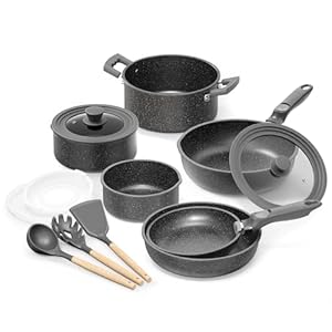 15 Pcs Pots and Pans Set with Detachable Handle and Utensils, Nonstick Granite Cookware Set,Space Saving Stone Kitchen Induction Cookware Sets,Dishwasher/Oven Safe, PFOA/PFOS Free