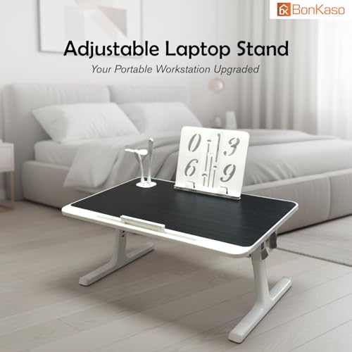 Image of BonKaso Multi-Purpose Laptop Table for Bed (60x40 cm) | Adjustable Height Foldable Lap Desk | Engineered Wood Portable Study Table for Work, Reading & Home Office | Bed Table with Legs (Black)