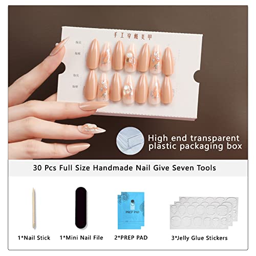 30Pcs Medium Press On False Nails With Beige & 3D Pearl Gold Foil Glossy Set Almond False Nails, Stiletto False Nails, Artificial Nails Fashion Party Acrylic Press On Nails For Women #TOP5