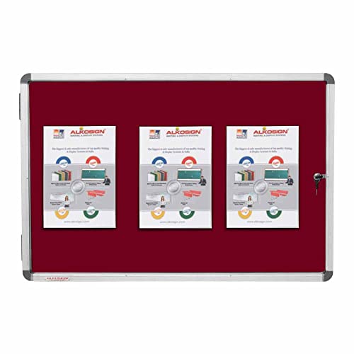 Image of ALKOSIGN Astra Acrylic Cover and Felt Notice Board RED 4 ft x 5 ft (Landscape with Single Door)| Lockable Noticeboard | Bulletin Board | Transparent Cover| Pinup Board with Aluminum Frame(Large)
