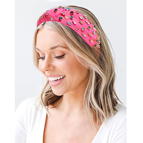 Nvenf Hot Pink Headband Rhinestone Knotted Headbands For Women, Crystal Beaded Jeweled Headbands, Top Knot Headbands Womens Fashion Hairbands Summer Hair Accessories #TOP1