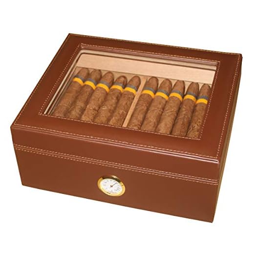 AMANCY Quality Brown Leather Handmade 25-50 Cigar Humidor ,Desktop Cedar Wood Lined Cigar Storage box with Glasstop