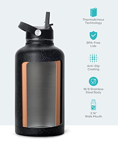 Buzio Insulated Water Bottles 64Oz With Straw Lid, Half Gallon Double Wall Stainless Steel Wide Mouth Water Bottle With Two Lids, Powder Coat Metal Water Jug Thermo Mug Metal Canteen, Keep Hot Cold #TOP3