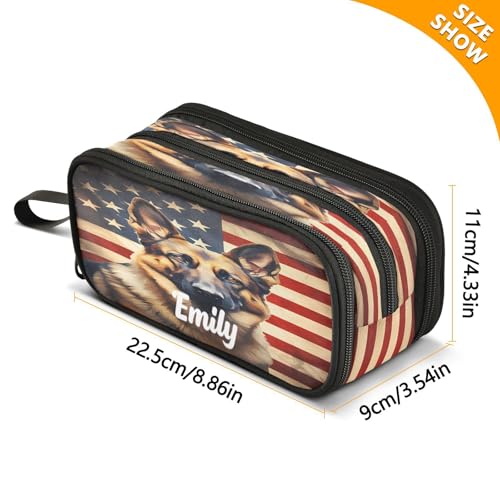 Image of ALAZA Custom Large Pencil Case with Name Usa Flag German Shepherd Dog, Pen Pouch Pencil Bag with 3 Compartments Pen Holder Organizer Stationery Bag