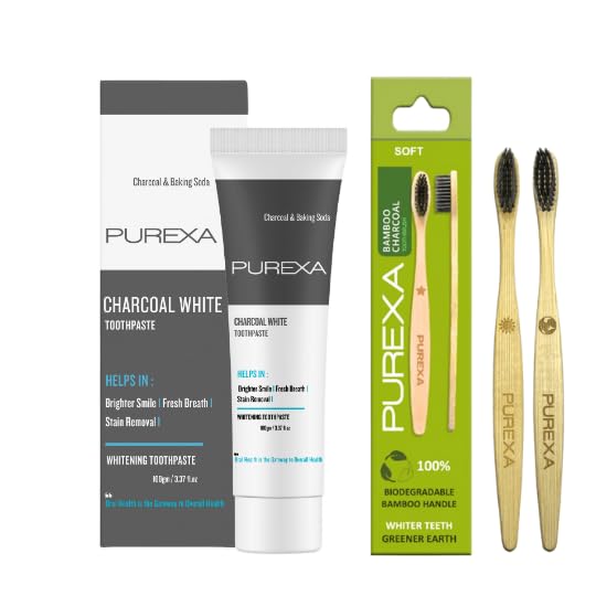 Image of Charcoal White Toothpaste | 2 Bamboo Brushes | Activated Charcoal & Baking Soda | Fresh Mint | Adults & Teens