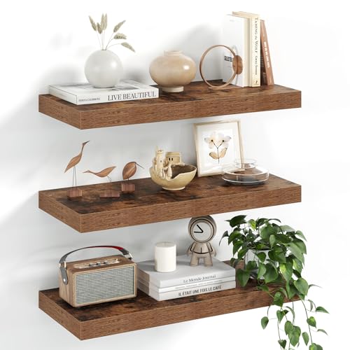 Image of Fun Memories Floating Shelves, 20 Inch Floating Shelves, Wall Mounted Rustic Wood Shelf for Bathroom, Living Room, Bedroom and Kitchen, Hanging Shelf for Storage, Books, Home Decor, Brown - Set of 3