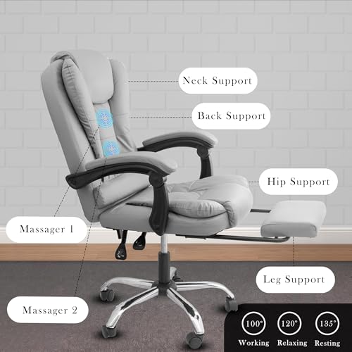 Image of Casa Copenhagen Italia Leatherette Office Chair for Work | Boss Chair, Luxurious Cushioned Arms & Seat, 2 Point Back Massager, Adjustable Leg Rest, Heavy Duty Metal Base (Light Grey)