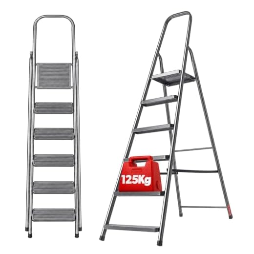 KADAX Inklapbare trapladder van staal, 6 treden, met antislipvoeten en plank, eenzijdige trapladder voor huishouden en tuin