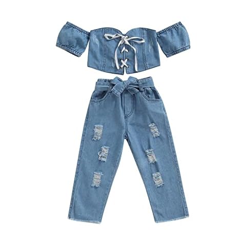 Thilsidee Baby Girl Summer Clothes Kids Denim Outfit Off Shoulder Crop Top+Ripped Jeans Long Pants Denim Outfit with Belt 2-7Y (#6-Denim Blue, 6-7Y) Cover