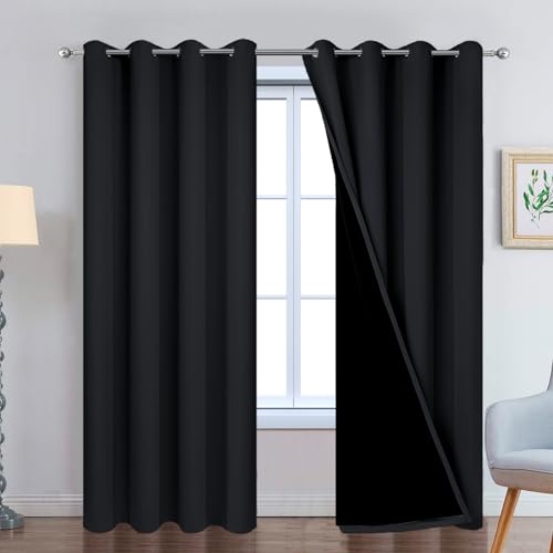 Image of Yakamok Black 100% Blackout Curtains 90 Inches Long for Bedroom 52 inch Wide | Blackout Curtain Panels for Bedroom, 2 Thick Layers Grommet Top Thermal Insulated Drapes with Black Liner for Living Room
