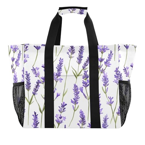 Large Waterproof Travel Tote Bag for Women Men, Watercolor Lavender Flowers Canvas Beach Bag with Lining & Pockets - Reusable Grocery/Laundry/Kitchen/Pool/Picnic Tote (15.4x9.8x12.8in)