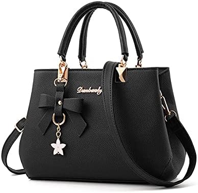 SMALLBLUER Top-handle Handbags Purse for Women Small Satchel PU Leather Shoulder Crossbody Bag with Bowtie Pendant-Black