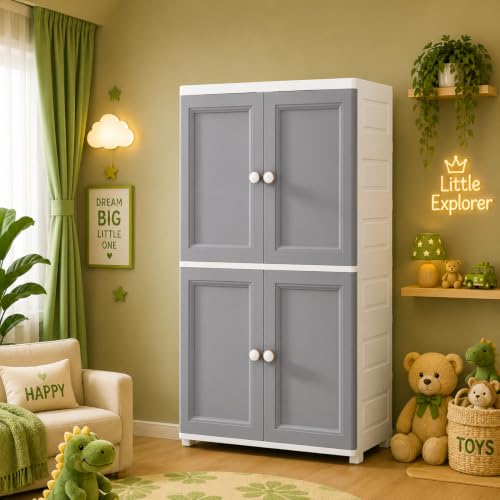 Image of Kids Plastic Wardrobe for Clothes Storage | Baby Cupboard & Almirah with Hanging Rod & Shelves | Portable Collapsible Storage Cabinet for Bedroom | Cartoon Kids Wardrobe