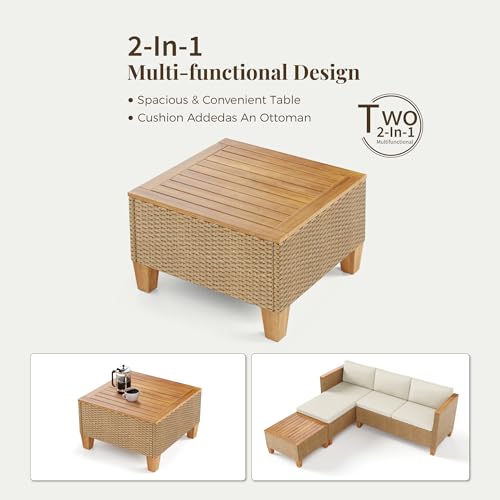 Wicker Outdoor Patio Furniture Set 3 Pieces Patio Chaise Longue Conversation Set, Rattan L-Shaped Sofa Couch with Acacia Wood Coffee Table for Deck Porch and Garden