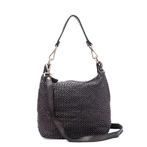 Ira del Valle, Bolso Tote Vintage Mujer y Niña, Bolso y Bandolera de Cuero Auténtico Tejido, Bolso Shopper de Moda Suave y Espacioso, Modelo Carolina, Made in Italy (Negro)