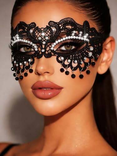 Flimire Womens Masquerade Mask Shiny Crystal Lace Masks Prom Costume Ball Face Mask (Black)