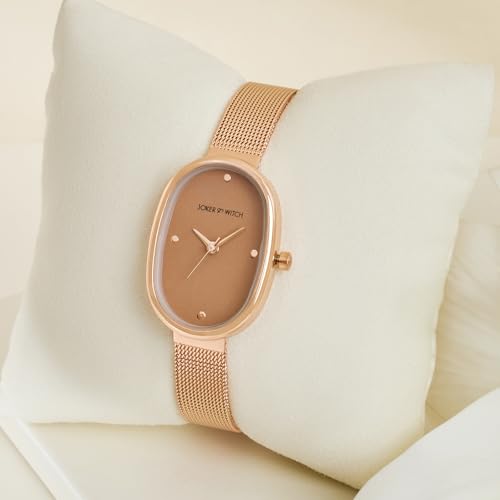 Image of Joker & Witch Enola Brown Small Oval Dial Rose Gold Mesh Strap Women's Watch