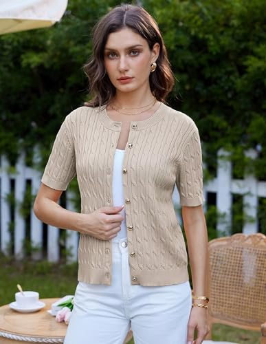 Image of GRACE KARIN Women's Short Sleeve Sweater Summer Open Front Cable Knit Cardigan Crewneck Button Up Knit Cardigans Jacket L Apricot