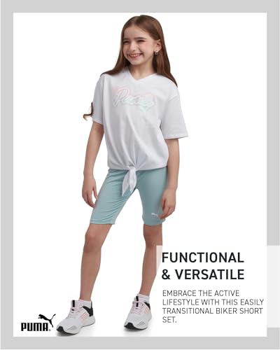 Image of PUMA Girls' Biker Short Set - 2 Piece Short Sleeve Crewneck Graphic Tee Shirt and Bike Shorts for Girls (Sizes: 7-14)