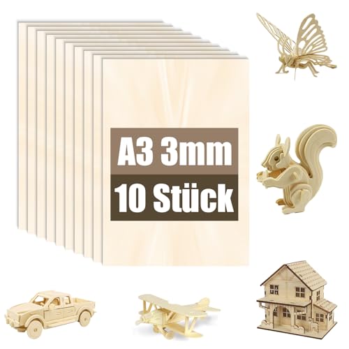 10 Piezas Tablero de Contrachapado de Tilo A3 3mm, Madera de Tilo para Modelismo, Corte Láser, Grabado, Tablas de Madera para Manualidades, Madera para Láser y Proyectos DIY(10,A3(420 * 297 * 3mm))