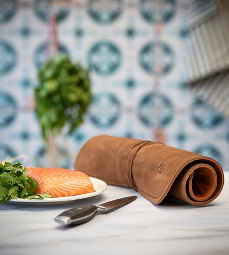 Angus Stoke Hochwertige 7-Fach Echt-Leder Kochmesserrolle Steve – Rolltasche Werkzeugtasche verschliessbar - Messertasche Steve (7-Fächer, Braun)