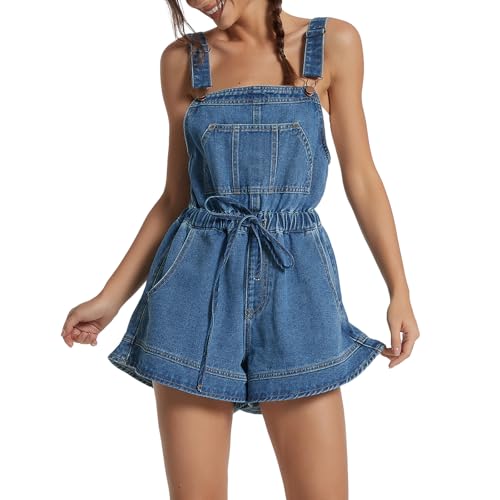 D-Sun Women's Sleeveless Denim Romper Shorts Ruffle Hem Adjustable Strap