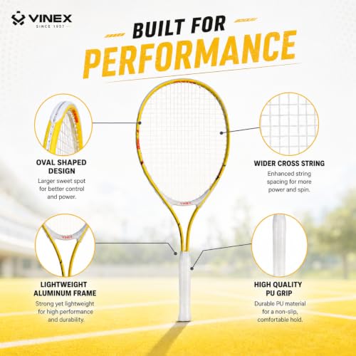 Image of VINEX VTEC T200 Tennis Racquet with Cover (Pack of 1) | 68 cm Aluminium Tennis Racket | Lightweight 260 g | Grip Size 6 | Two-Piece Strung Racquet with Carrying Bag | for Teens & Adults