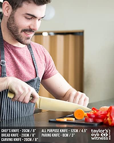Gold Kitchen Knife Block Set - Taylors Eye Witness 5pc Stainless Steel Knives & Holder, Paring, All Purpose, Carving, Bread & Chefs. Modern Satin Golden Coloured. Sharp Blades. 5 Year Guarantee