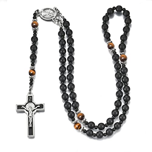 HANDMADE Catholic 8mm Beads Rosary for Men Wearable Large Black Rosary Necklace with Miraculous Medal Rosaries Catholic Gifts