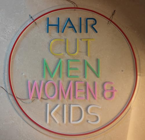 Image of Neon Signs for Wall Decor Haircut Men Women And Kids Handmade Art Sign Neon Tubing 23 inchx23 inch Multicolor Rainbow Acrylic Wall Mount Window Mount Chain Included Handmade LED Neon Tubing Signs