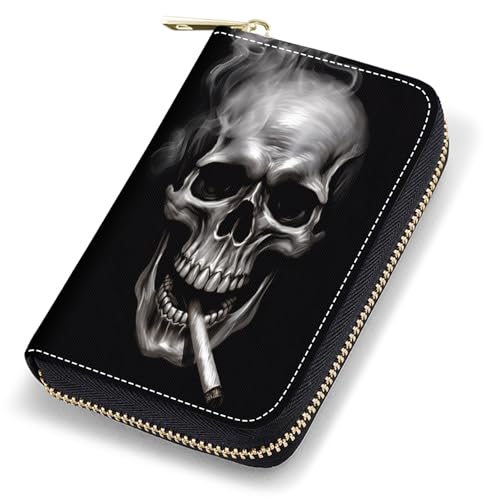 Credit Card Holder Wallets for Women, RFID Blocking Small Leather Card Case Wallet with Zipper Accordion Wallets, Skull Smoking