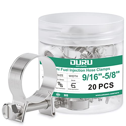 OURU 20PCS 3/8 Fuel Line Clamp 304 Stainless Steel Adjustable 9/16-5/8 Dia (14-16mm) Mini Fuel Injection Gas Line Hose Clamps Pipe Clamp for Automotive Diesel Petrol Pipe