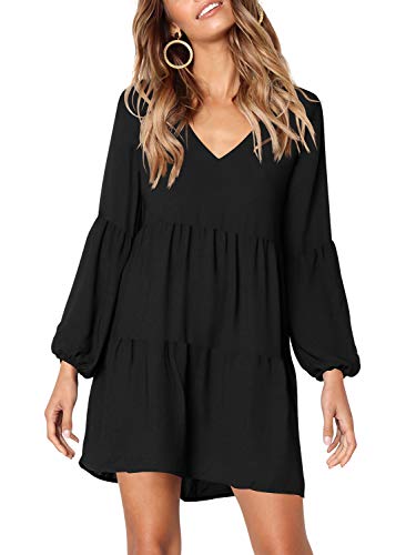 Amoretu Women's Deep V Neck Loose Shift Pleated Tunic Dress Long Sleeves Black S