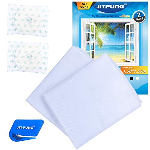 JIT-FUNG Mosquito Net for Windows-2 Packs [Traceless], Fly Screen Insect Mesh 1.5m x 1.55m, with 2 Rolls Self-Adhesive Tapes, White-3.0