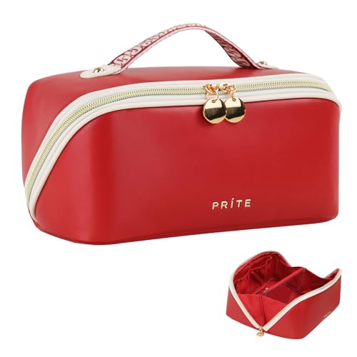 Prite Travel Cosmetic Bag Makeup Organizer Bag For Women Large Capacity Waterproof PU Leather Toiletry Bag with Handle and Clear Divider(Red) Red Medi
