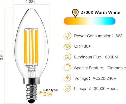BRIMAX E14 LED Candle Bulb Dimmable 6w 60W Equivalent Warm White 2700K SES(Small Edison Screw) LED Chandelier Bulbs C35 Vintage Filament Energy Saving Candelabra Light Bulb 5 Pack