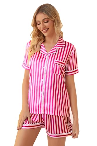 Image of Schbbbta Women Pajamas Set, 2 Pieces Satin Silk Button Down Pjs Short Sleeve Outfits Loungewear