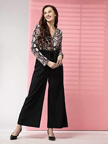 Image of LONDON BELLY Women's Polyester Semi-Formal Jumpsuit with Round Neck Half Sleeves Adjustable Waist Tie Abstract Pattern and Regular Fit | Women Stylish One Piece Outfit | Women Regular Fit Jumpsuit