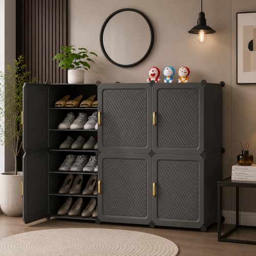 Image of Plastic Shoe Rack for Home with Door | 18-Shelf DIY Shoe Cabinet Organiser | Stores 36 Pairs | Foldable & Waterproof Shoe Stand for Entryway, Bedroom (Grey-HV1, 18-Layer)