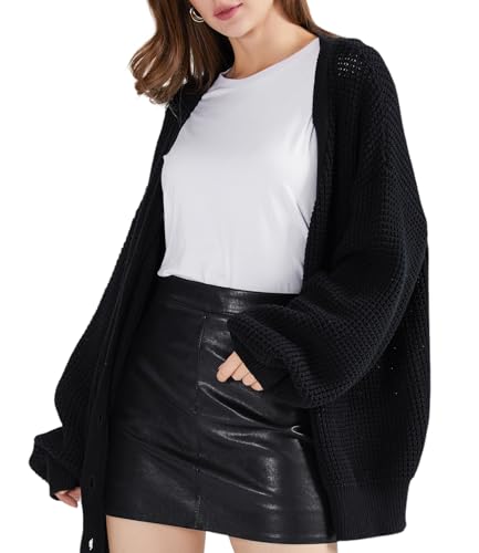 Image of QUALFORT Women's Oversized 100% Cotton Cardigan Sweater | Long Sleeve V Neck Button Down Open Front Knit Outerwear