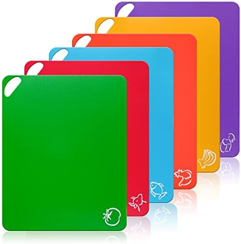 Plastic Cutting Board Mats Set,Flexible Kitchen Chopping Board,Colored Cutting Mats With Food Icons & Easy-Grip Handles & Anti-skid Back,BPA-Free,Non-Slip,Dishwasher Safe,Set of 6