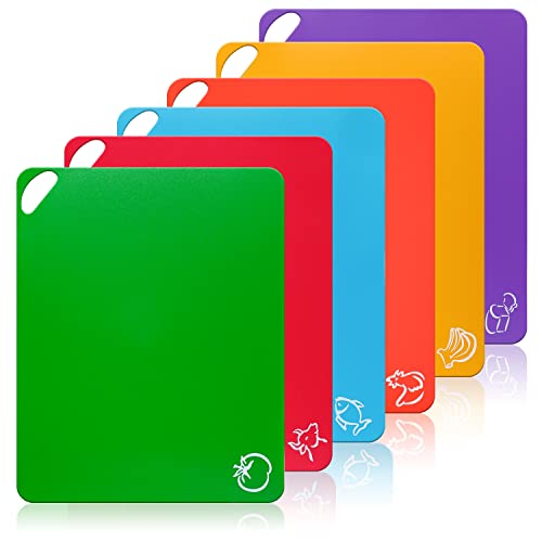 Plastic Cutting Board Mats Set,Flexible Kitchen Chopping Board,Colored Cutting Mats With Food Icons & Easy-Grip Handles & Anti-Skid Back,Bpa-Free,Non-Slip,Dishwasher Safe,Set Of 6 #TOP12