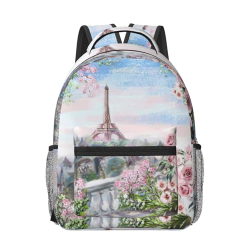 Sac à dos PC portable noir anti-choc imprimé Paris fleurs élégant
