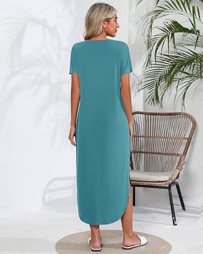 Image of Riyiper 2 Pieces Women's Short Sleeve Maxi Dress Round Neck Casual Loose Split Long Summer Beach Shirt Dress with Pockets