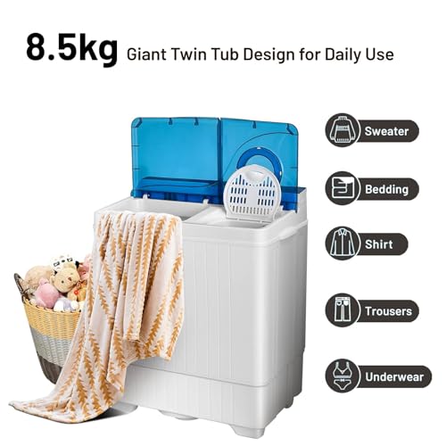 GiantexUK Twin Tub Washing Machine, 8.5KG/10.5KG Washing Machine and Spin Dryer Combo with Drainage & Timer Control, Mini Portable Washer for Dorm Apartment (6.5kg Washer 2kg Dryer, Blue+White) - Image 2