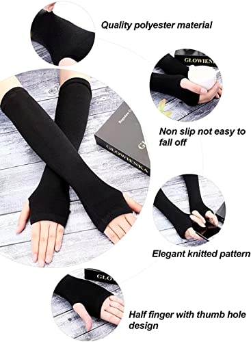 Image of Women's Long Knitted Fingerless Gloves Thumbhole Stretch Arm Warmers | Stretchy soft knitted arm warmers for women, comfortable thumbhole design, ideal daily winter hand sleeve accessories