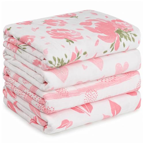 Image of GLLQUEN BABY Muslin Swaddle Blankets 4Pk Receiving Blanket Large 35" x 40" | Soft Cotton Baby Blankets for Girls Boys Breathable Nursery Swaddles for Newborns, Baby Essentials Shower Gift, Pink Floral